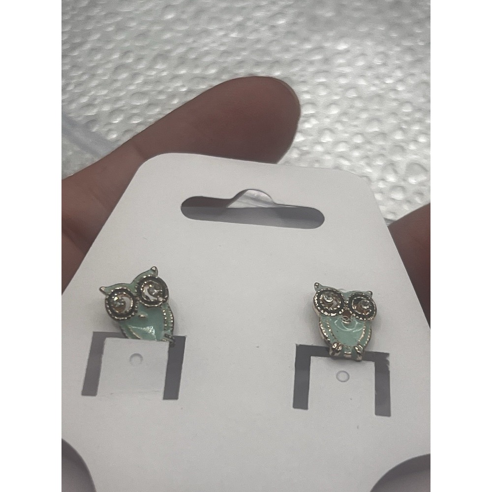 pair of mint green and gold-tone owl stud earrings
